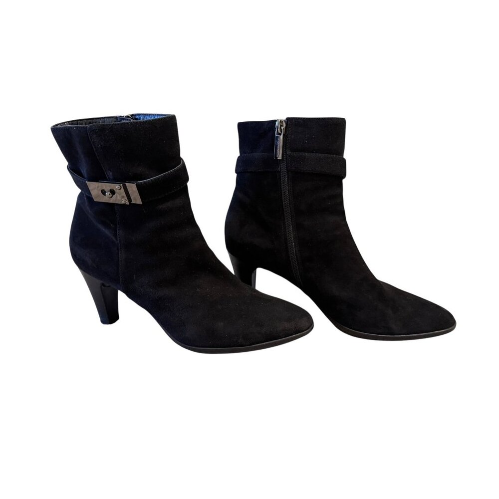 Aquatalia Danele Black Suede Weatherproof Bootie Heeled Size 8.5‎ Made in Italy